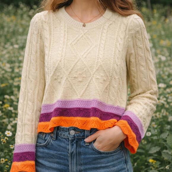 Sweaters - Pink Robin Cable Knit Colorblock Sweater Scalloped Hem XS